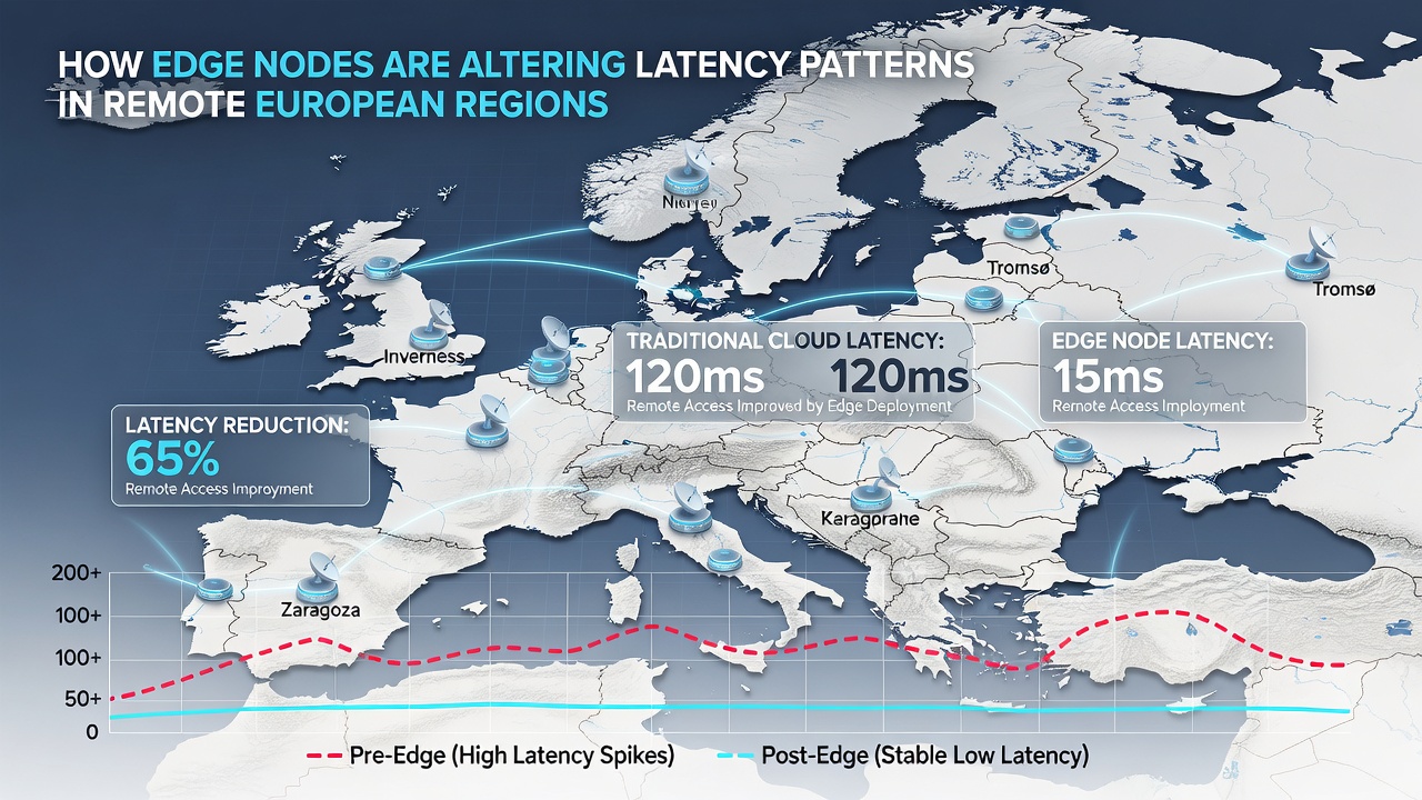 Network performance graphs showing latency reductions in rural European test sites after edge node installation